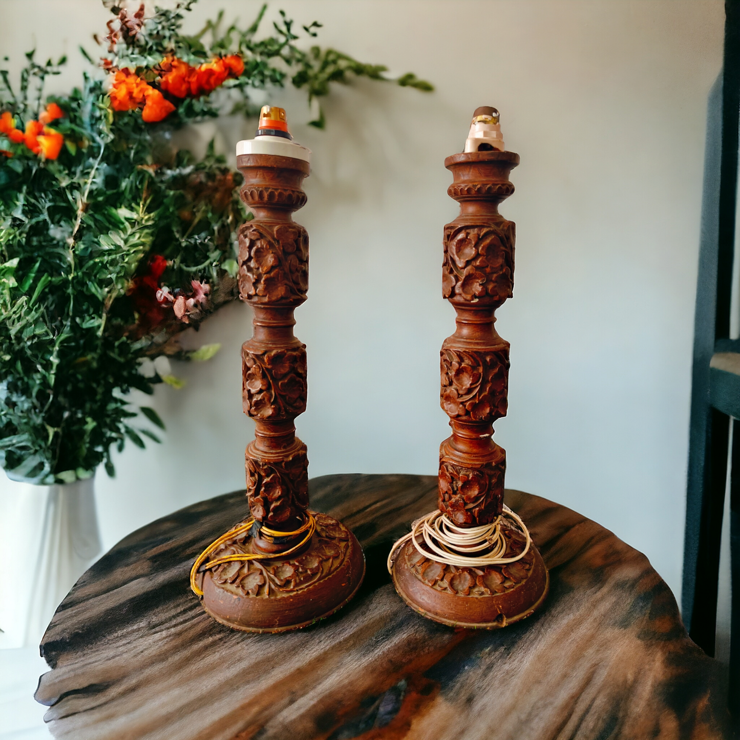 Antique 20 inches Handcrafted Wooden Lamps Pair - Kashmiri Walnut Wood - Bombay Antiques