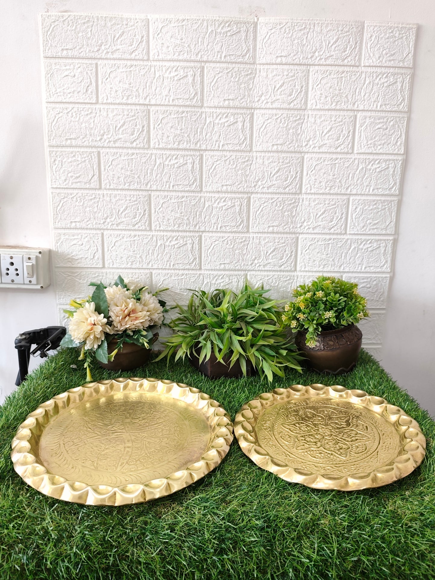 Antique Brass Engraved Plates with Unique borders in pair - Bombay Antiques