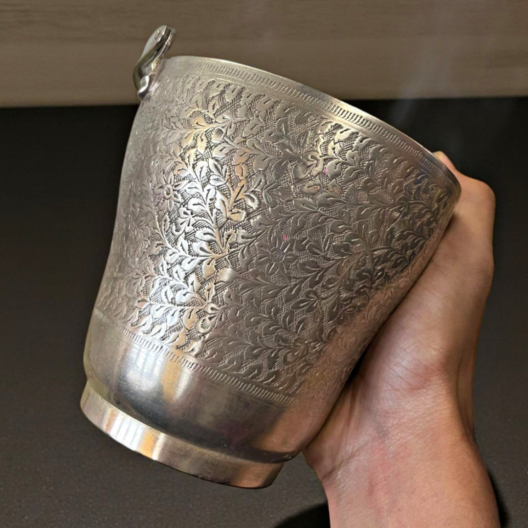 Antique Brass Engraved Small Bucket with Spoon | Traditional Serveware & Decor