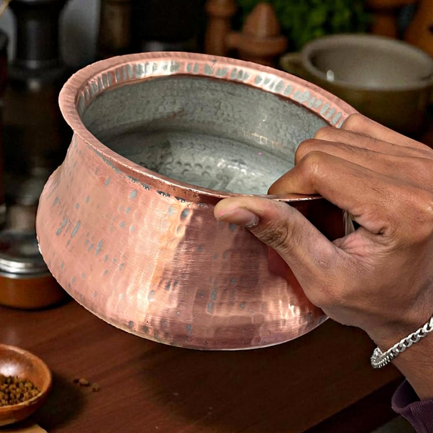 Antique Copper Deg Set of 3 with Brass Lids | Traditional Cooking & Storage Vessels