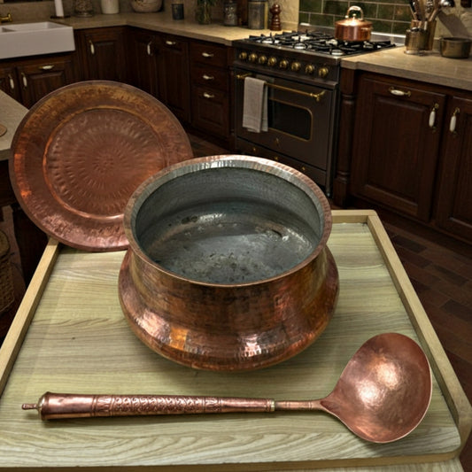 1960 Antique Copper Big Size Deg with Lid and Ladle | Traditional Kitchen & Cooking Vessel