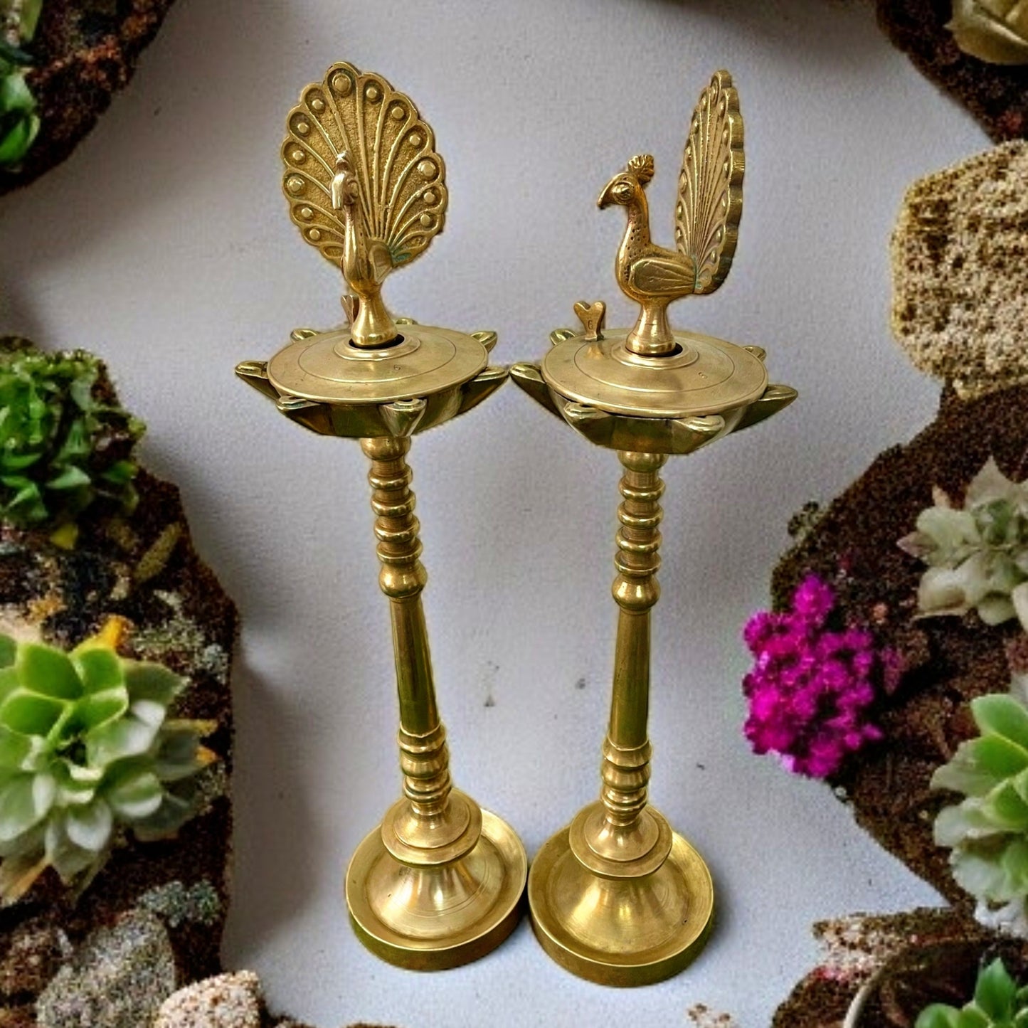 Antique Brass Samay with Lid in Pair | Traditional Peacock Deepam Design | Classic Indian Lamp