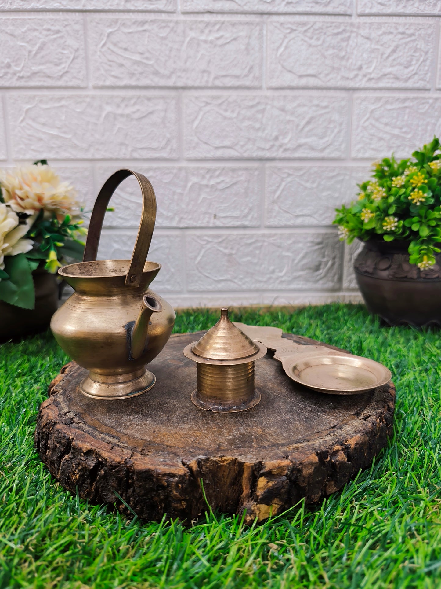 Antique Brass Small Kamandalam, Diya and Sindur Dabbi Small Set