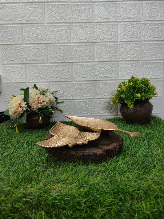 Antique Brass Silver Coated Small Leaf Trays with Engravings - Bombay Antiques