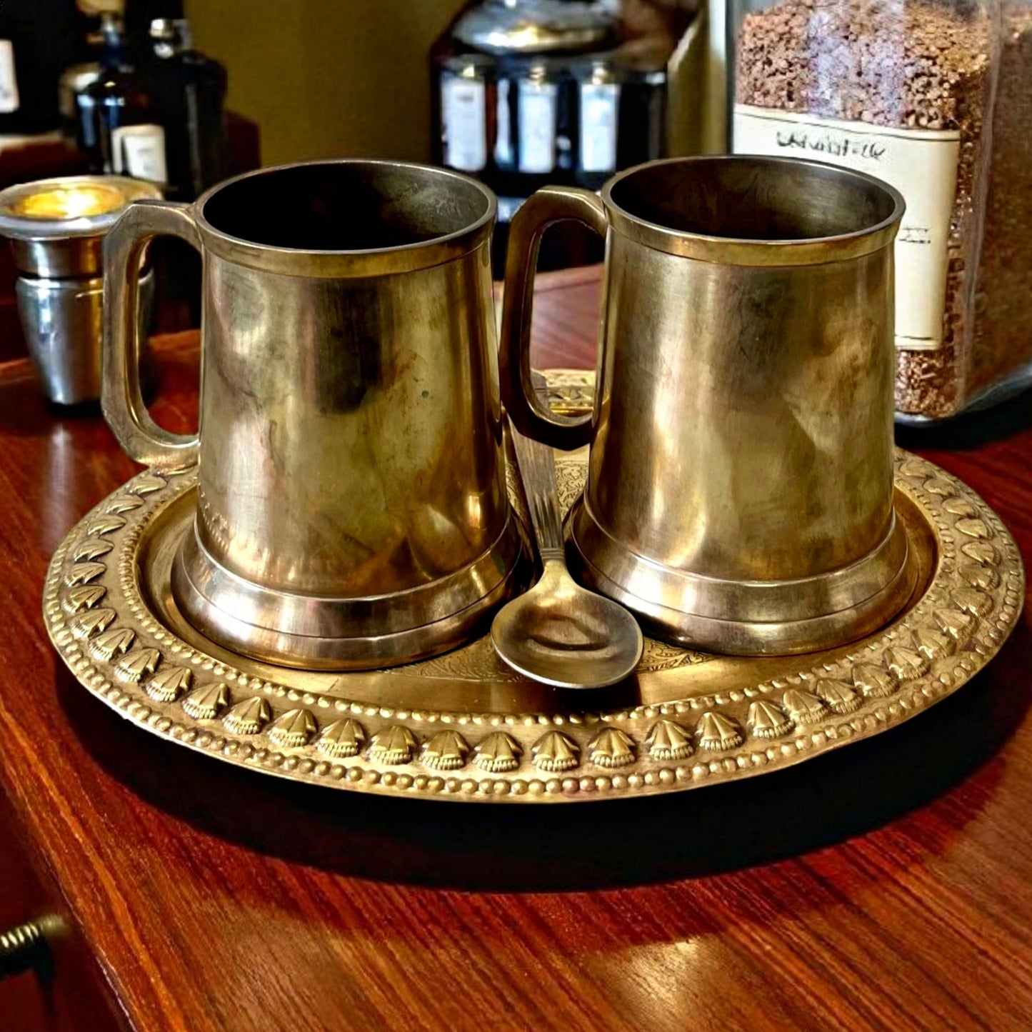 Antique Brass Mugs and Spoon Set with Tray | Traditional Serveware Collection