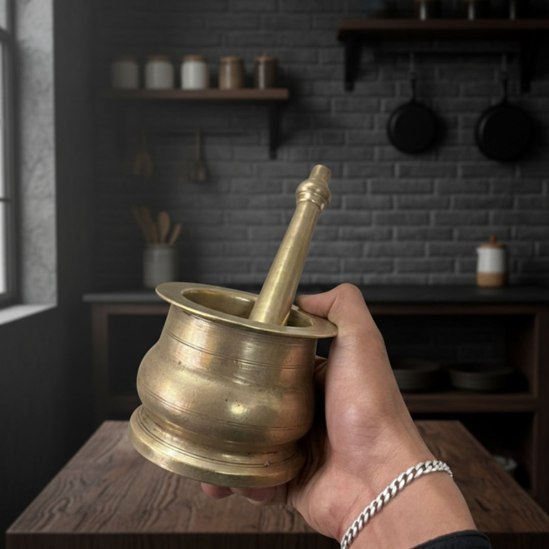 1990 Antique Brass Khalbatta | Traditional Grinding Tool