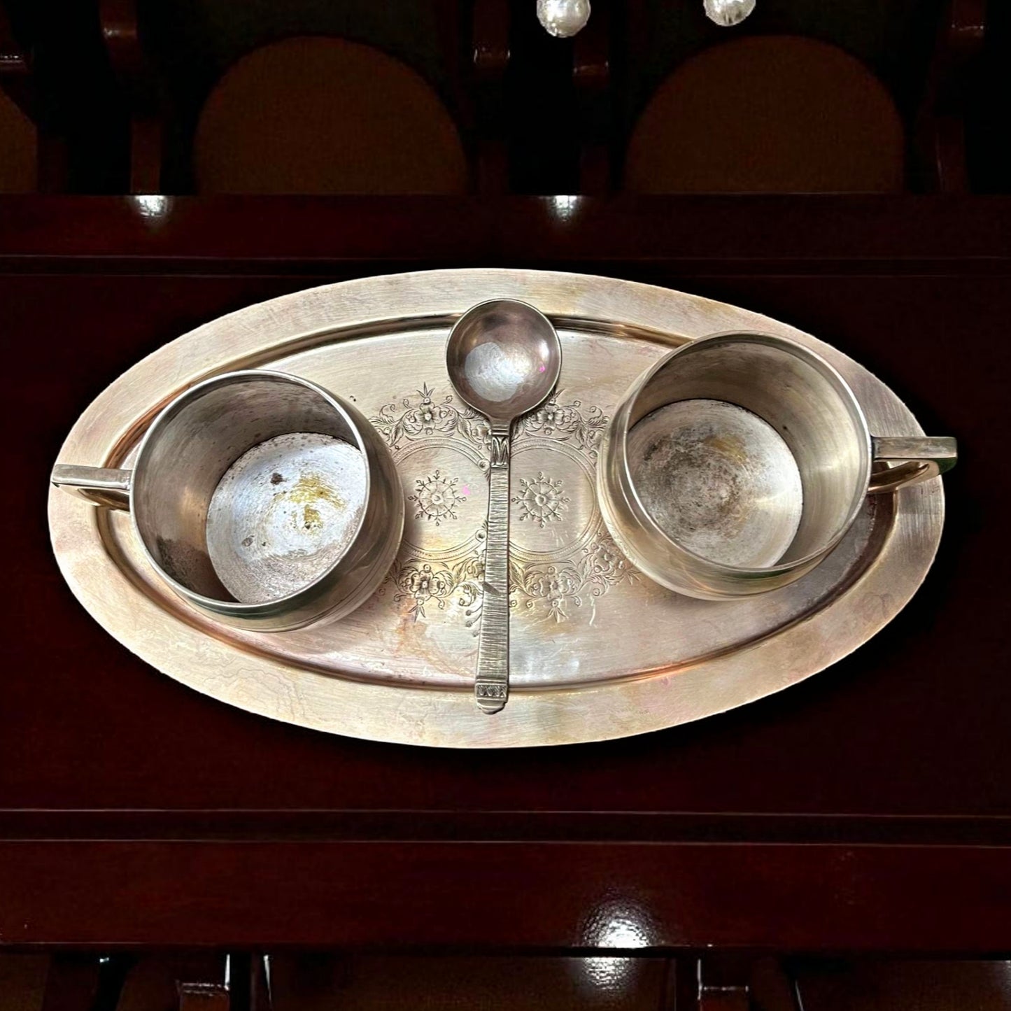 Antique Brass Beverage Set | Traditional Serving Mugs, Tray & Spoons