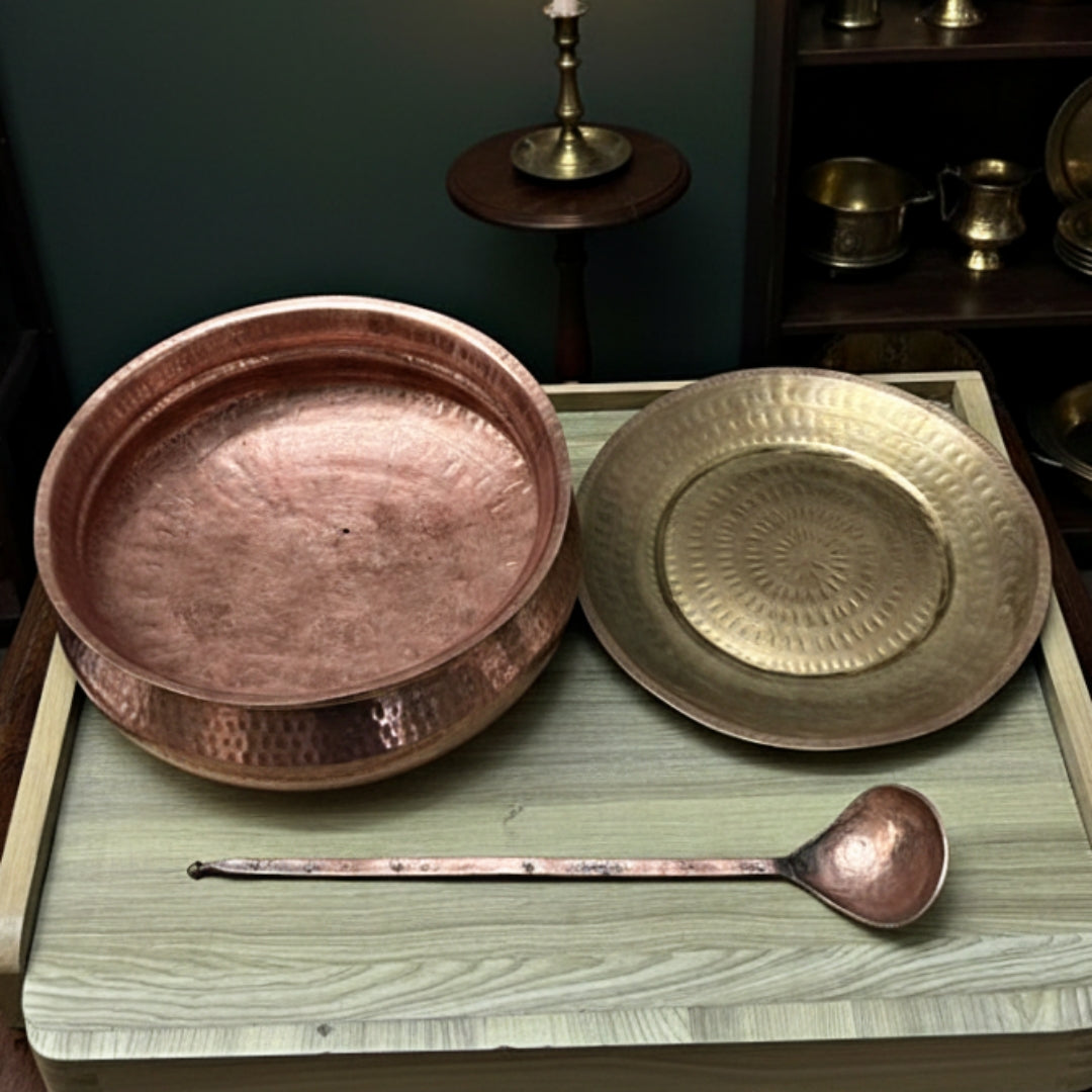 Antique Copper Deg with Ladle & Brass Lid | Traditional Cooking & Decor Set