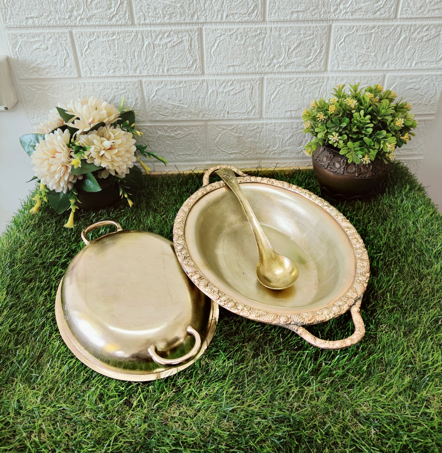 Antique Brass Engraved Dish with Lid & Spoons - Serving Items
