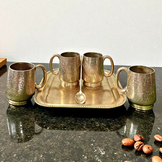 Antique Brass Mug Set of 4 with Tray & Spoons | Traditional Serveware Collection