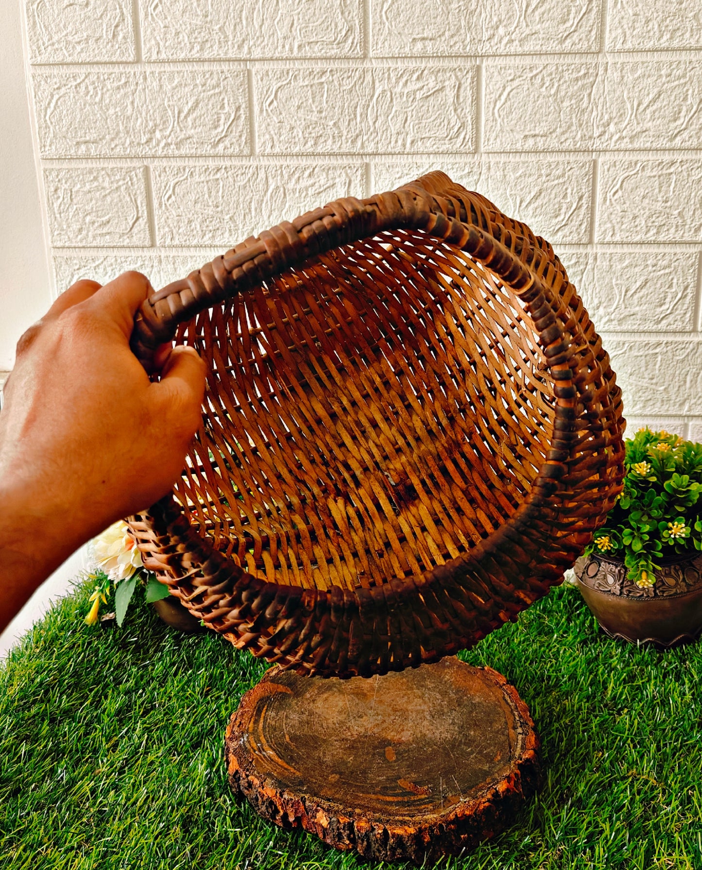 Antique Wooden Light Cane Big Basket - Bombay Antiques