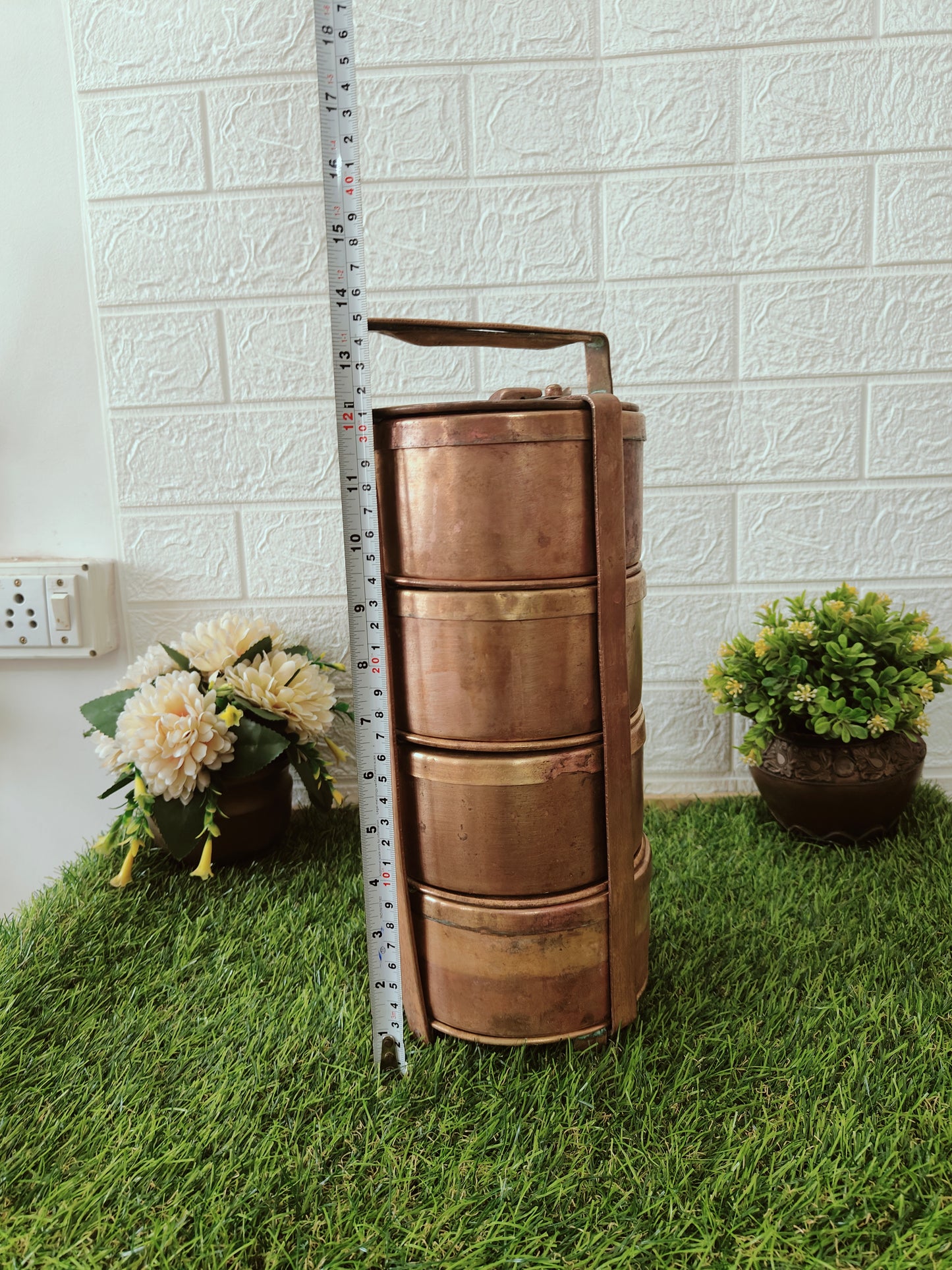 Antique Brass Tiffin with four Box - Bombay Antiques