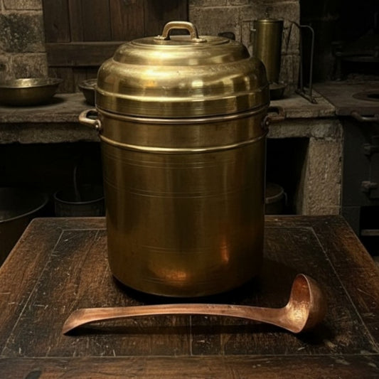 1981 Antique Brass Big-Size Steamer with Copper Ladle | Traditional Kitchen & Cooking Vessel