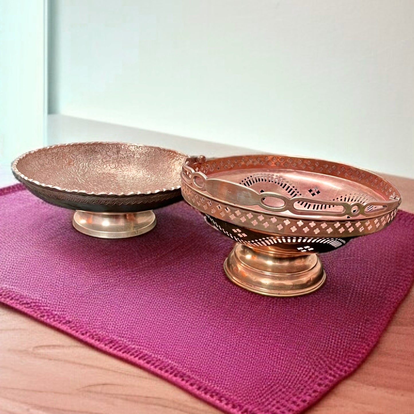 Antique Brass Fruit Bowl Set | Engraved Pital Basket Pair | Traditional Decor Pieces