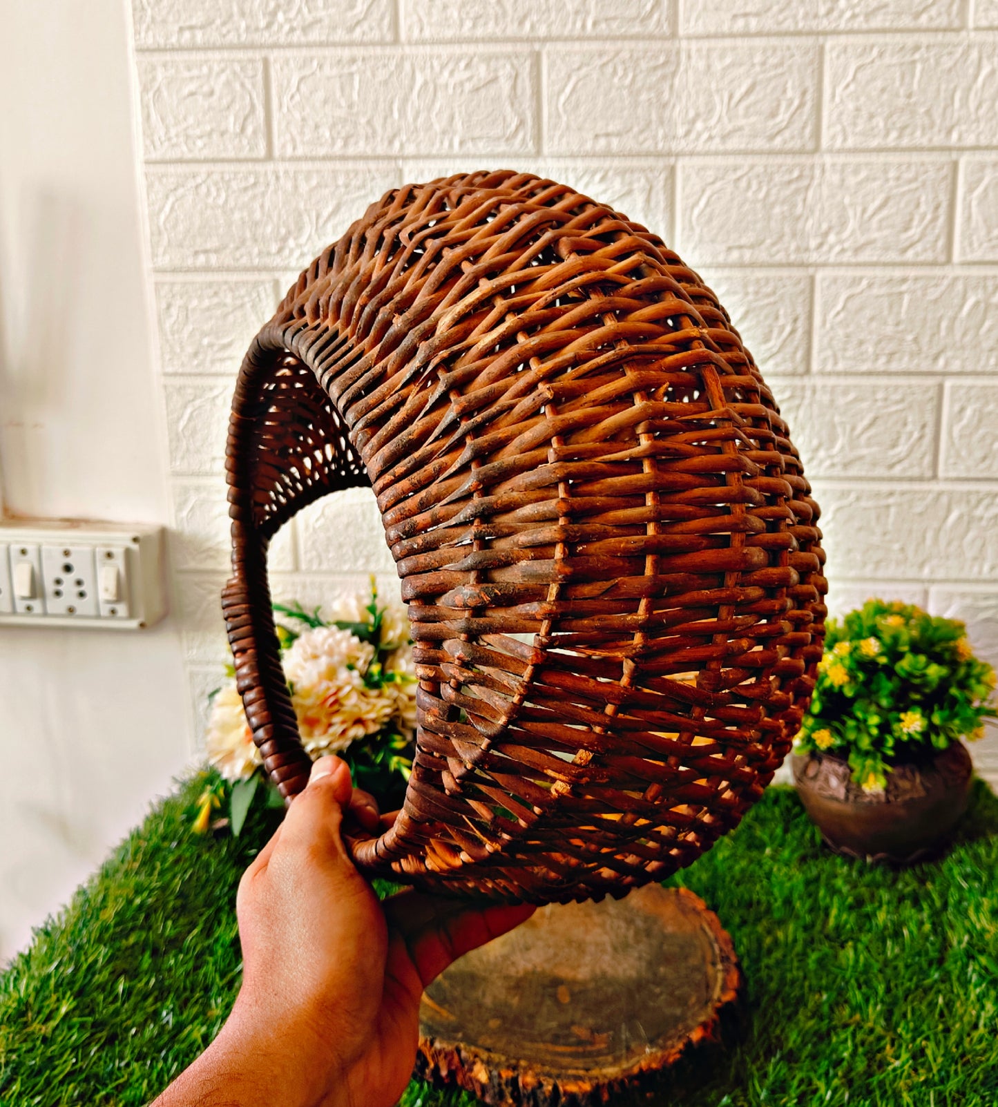 Antique Wooden Light Cane Big Basket - Bombay Antiques