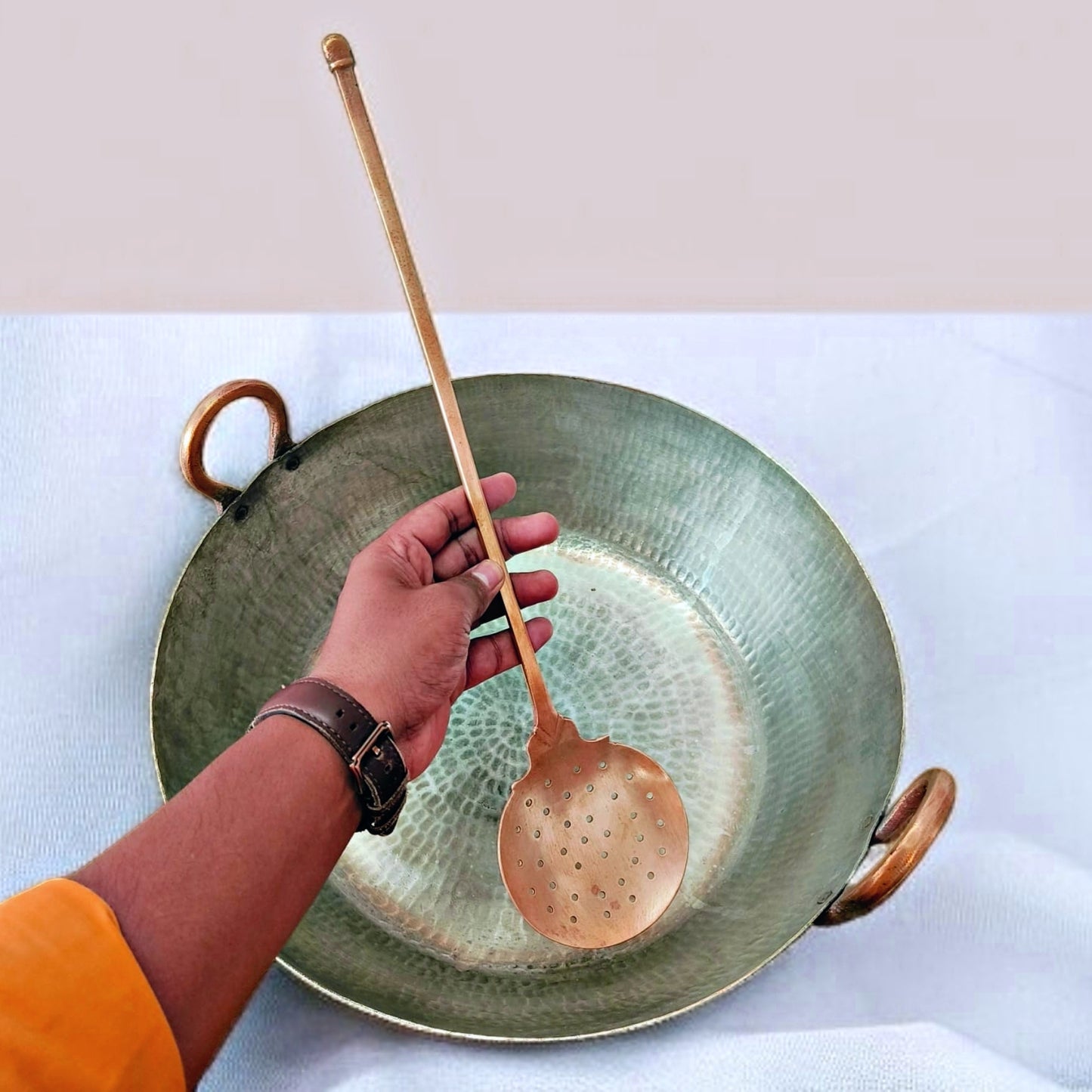 Antique Brass Big Size Kadai with Ladle | Traditional Cookware | Collectible Statement Piece