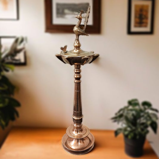 Antique Brass Peacock Samay | Pital Traditional Standing Oil Lamp