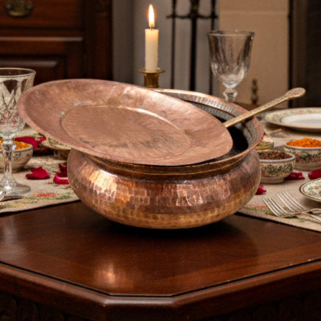 1967 Antique Copper Deg with Lid and Brass Ladle | Traditional Kitchen & Cooking Set