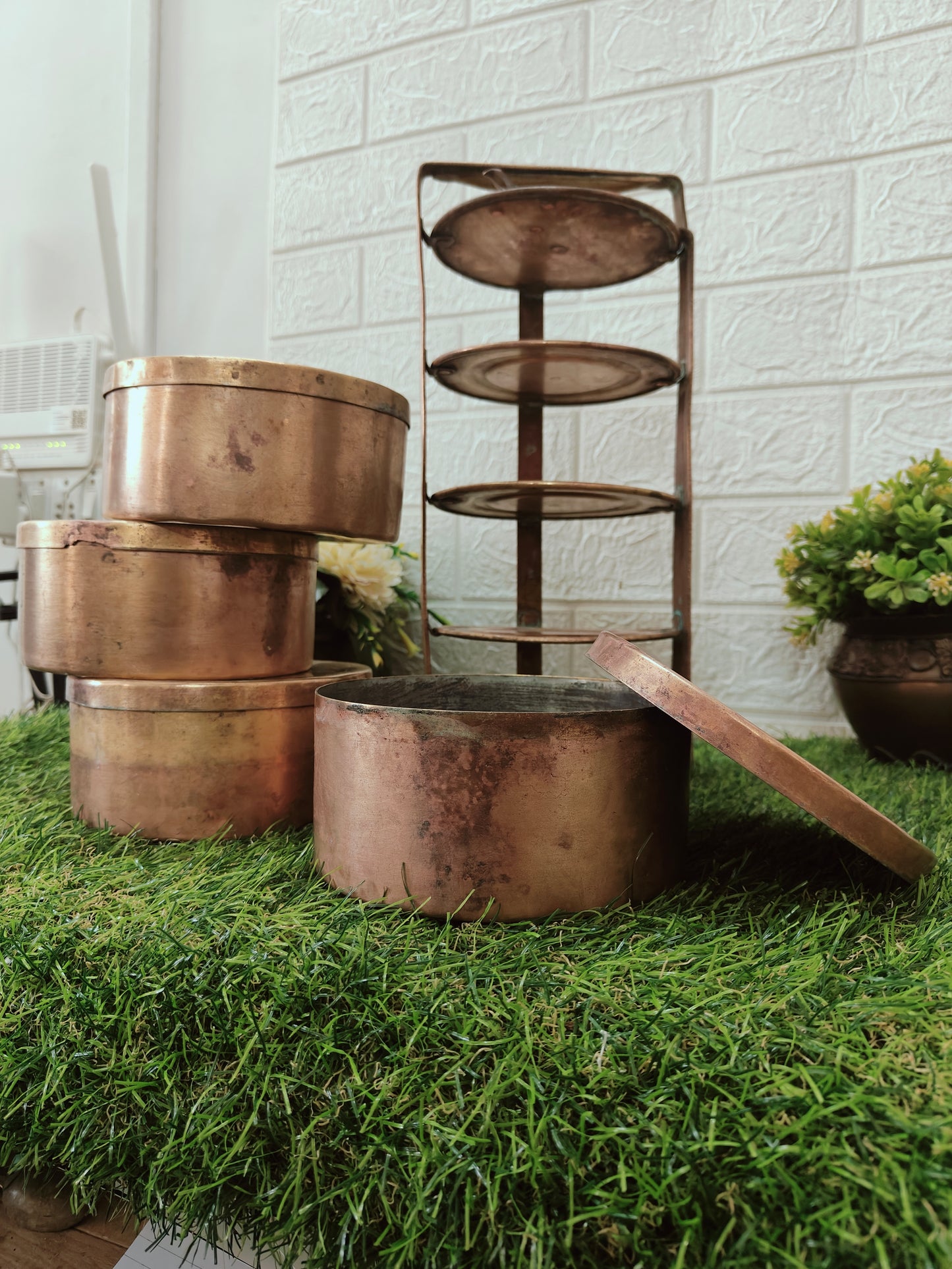 Antique Brass Tiffin with four Box - Bombay Antiques