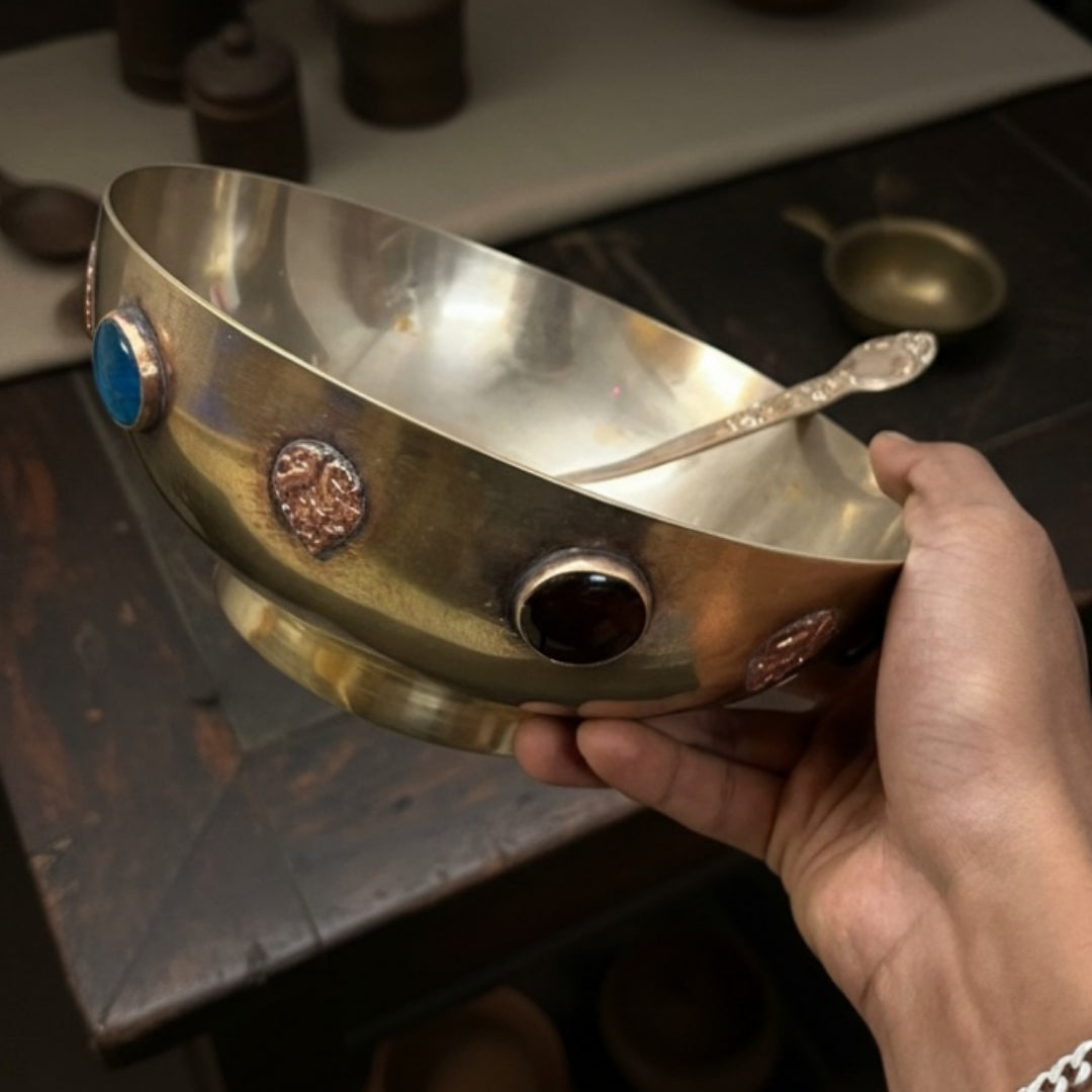 1979 Antique Brass Dessert Set with Décor Bowl & Tray | Traditional Dining & Display Collection