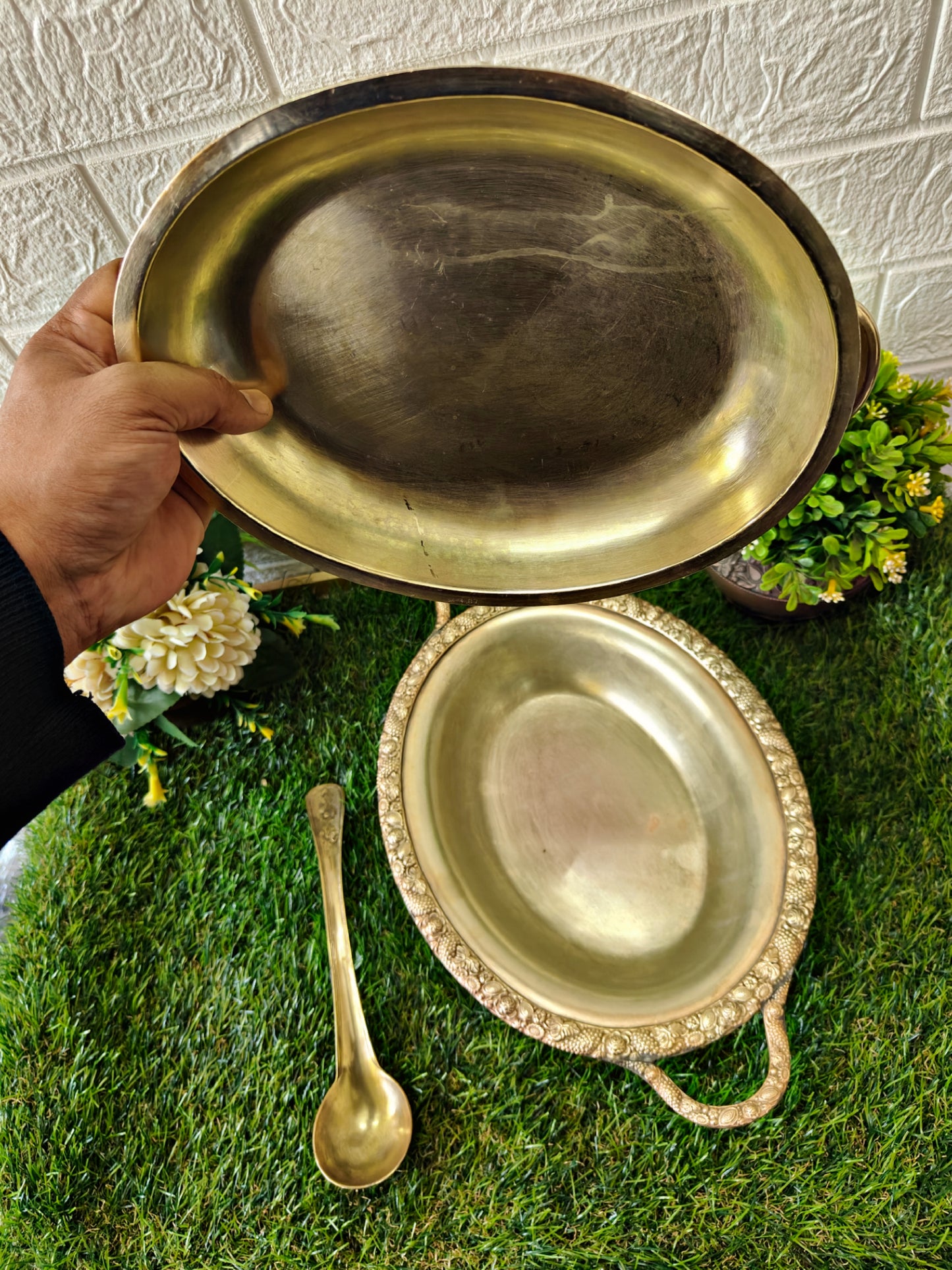 Antique Brass Engraved Dish with Lid & Spoons - Serving Items