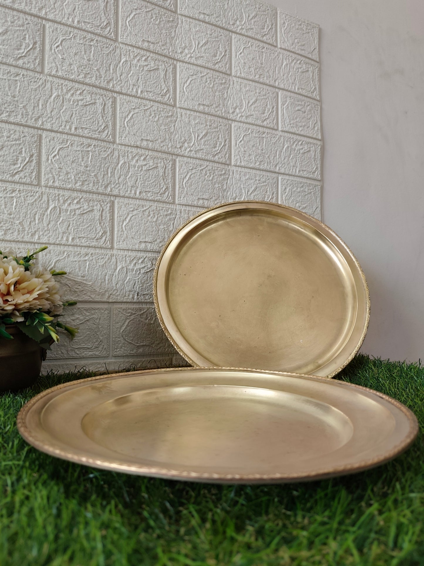 Antique Brass Plates in pair - Bombay Antiques