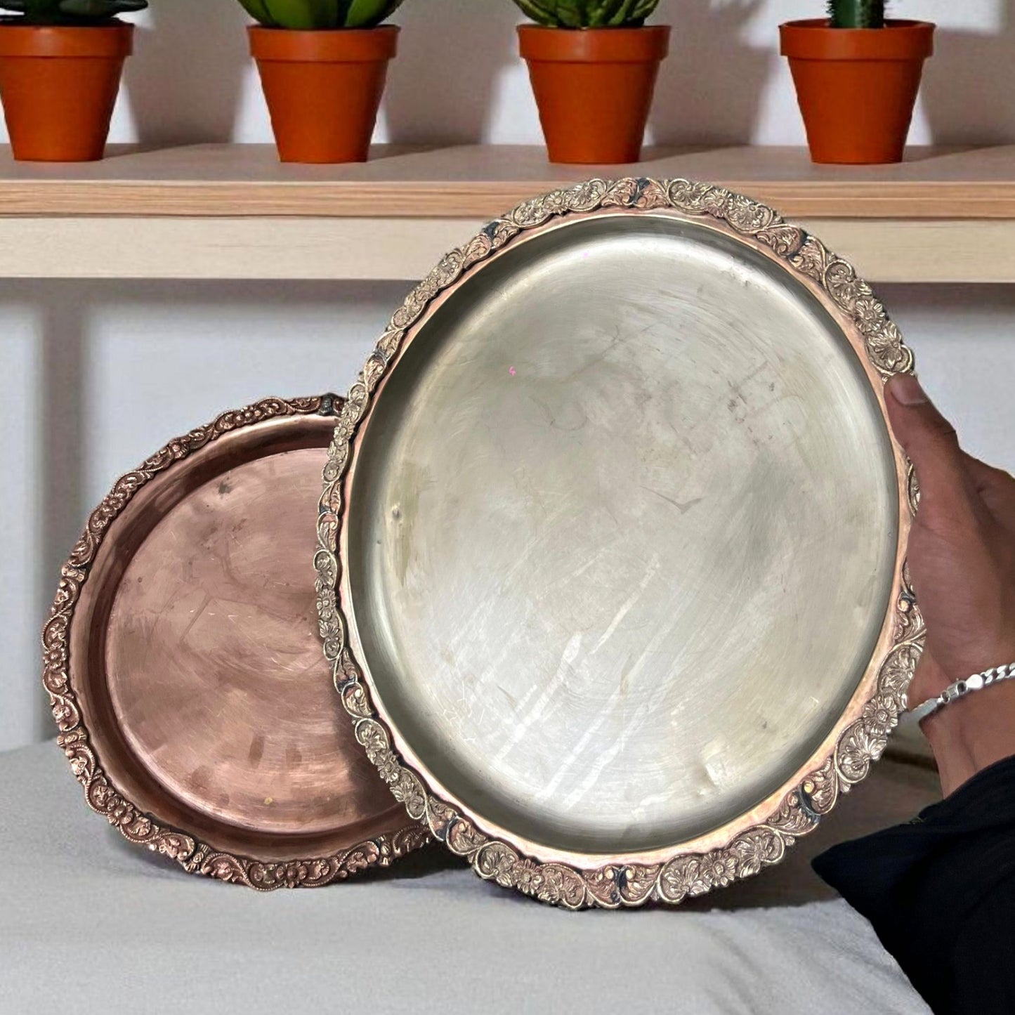 Antique Brass Plates with Legs | Pital Traditional Display Thalis Pair