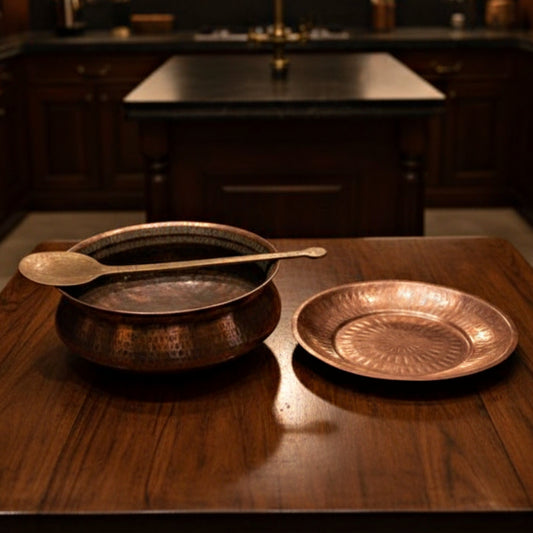 1967 Antique Copper Deg with Lid and Brass Ladle | Traditional Kitchen & Cooking Set