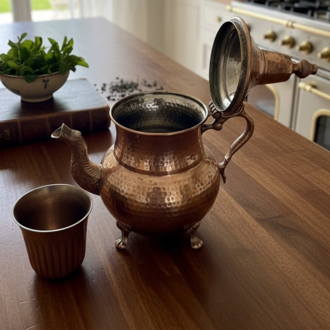 1987 Antique Brass Kettle with Matching Glass | Solid Brass Beverage Set