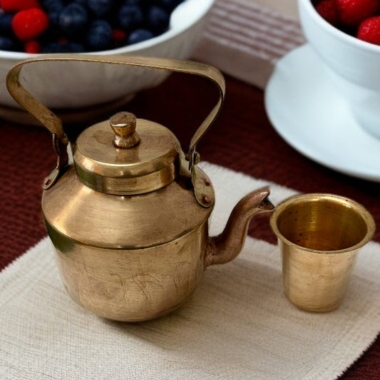 Antique Brass Teapot with Glass | Pital Chai Set | Traditional Serveware