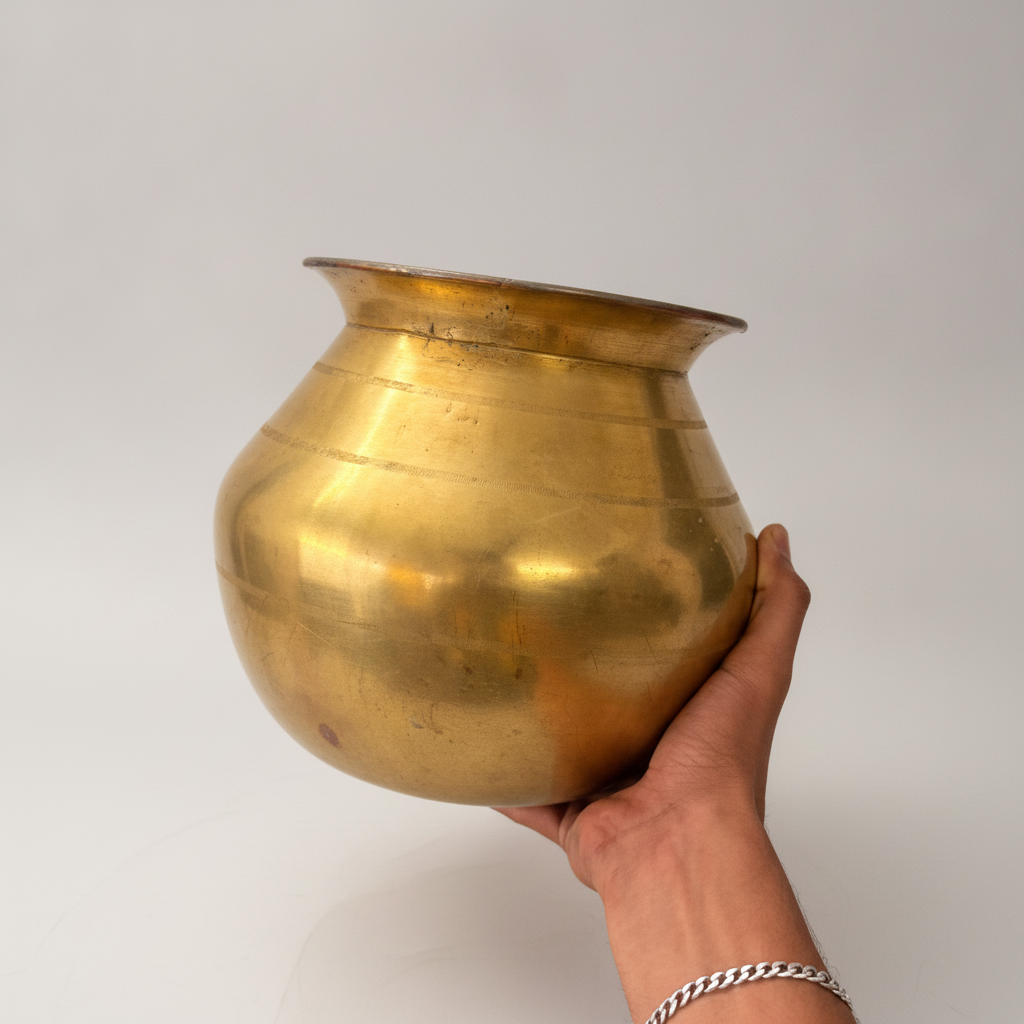 Antique Peetal Heavy Cooking Pot with Lid, Ladle & Stand | Pure Brass Serving Pot | Made in 1970