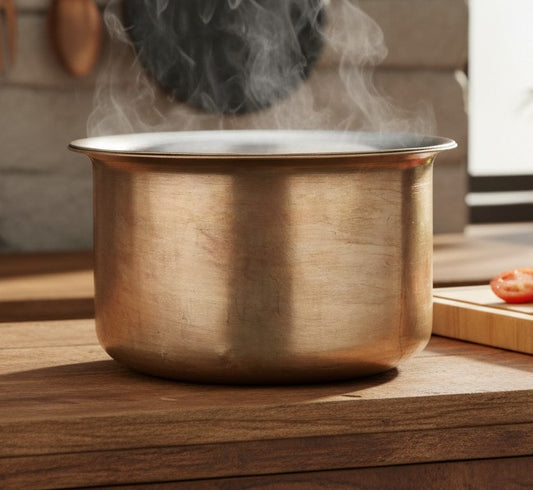 1983 Antique Brass Bhagona Cooking Set with Lid, Ladle & Stand | Traditional Cooking Vessel - Bombay Antiques