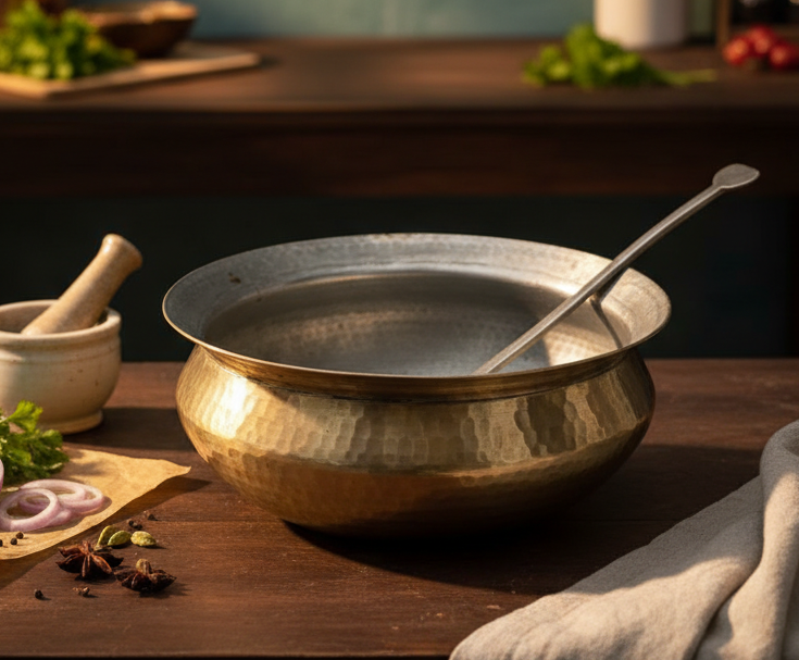 1978 Antique Brass Cooking Bowl with Lid & Ladle | Traditional Brass Cookware Set