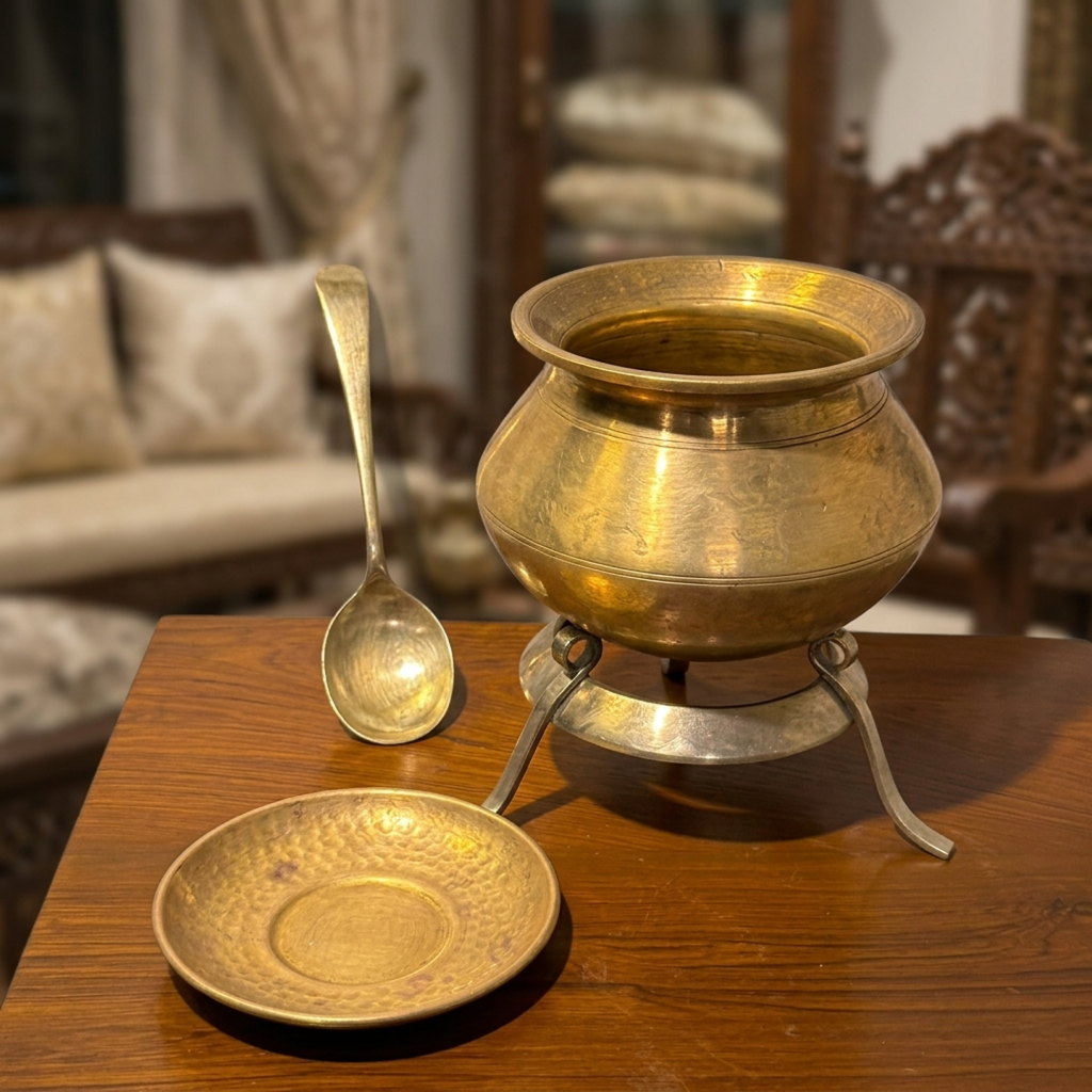 Antique Brass Cooking Pot Set with Stand and Spoon | Traditional Lidded Culinary Pot on Tripod Stand | Made in 1978