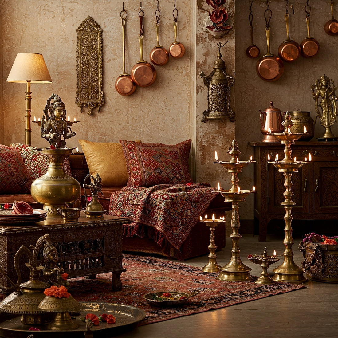 A beautifully styled Indian home interior featuring antique brass and copper decor, including traditional brass lamps, copper utensils, and vintage brass statues in a warm, inviting setting.