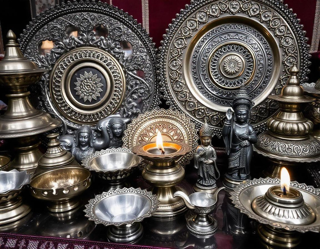 A collection of handcrafted Indian brass artifacts, including lamps, utensils, and idols.