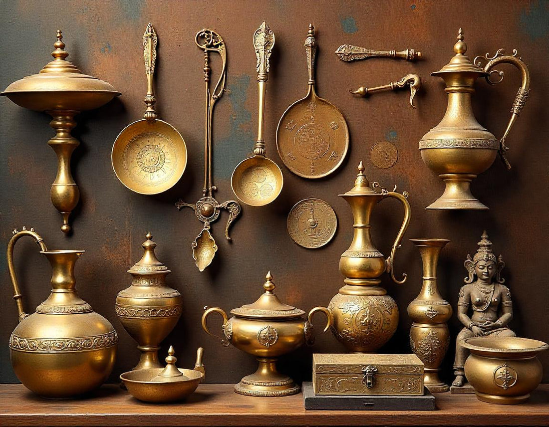 A collection of rare and valuable antique brass, copper, and wooden artifacts from India.