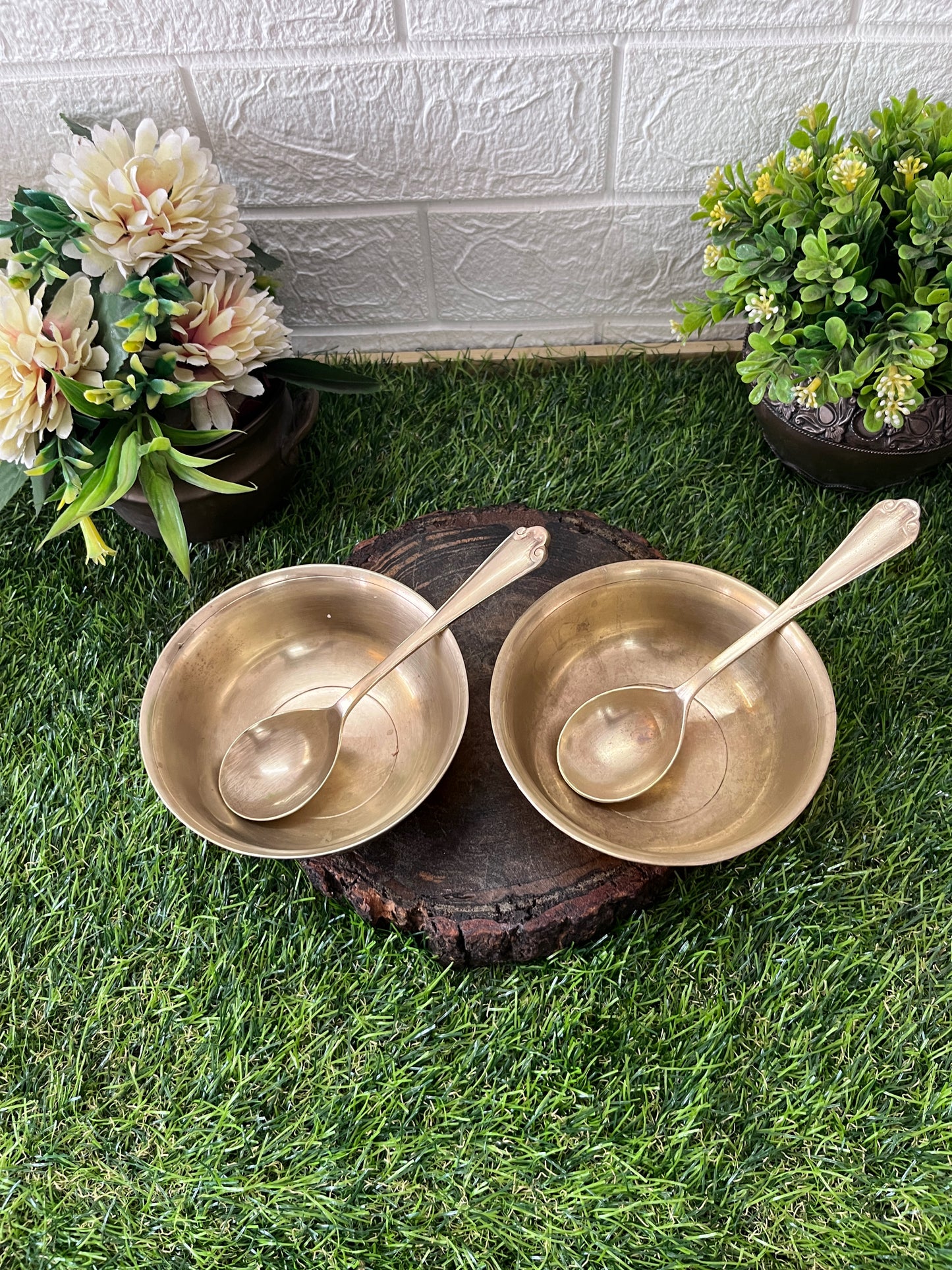 Bronze Serving Bowls With Spoon - Antique Serving Items In Pair