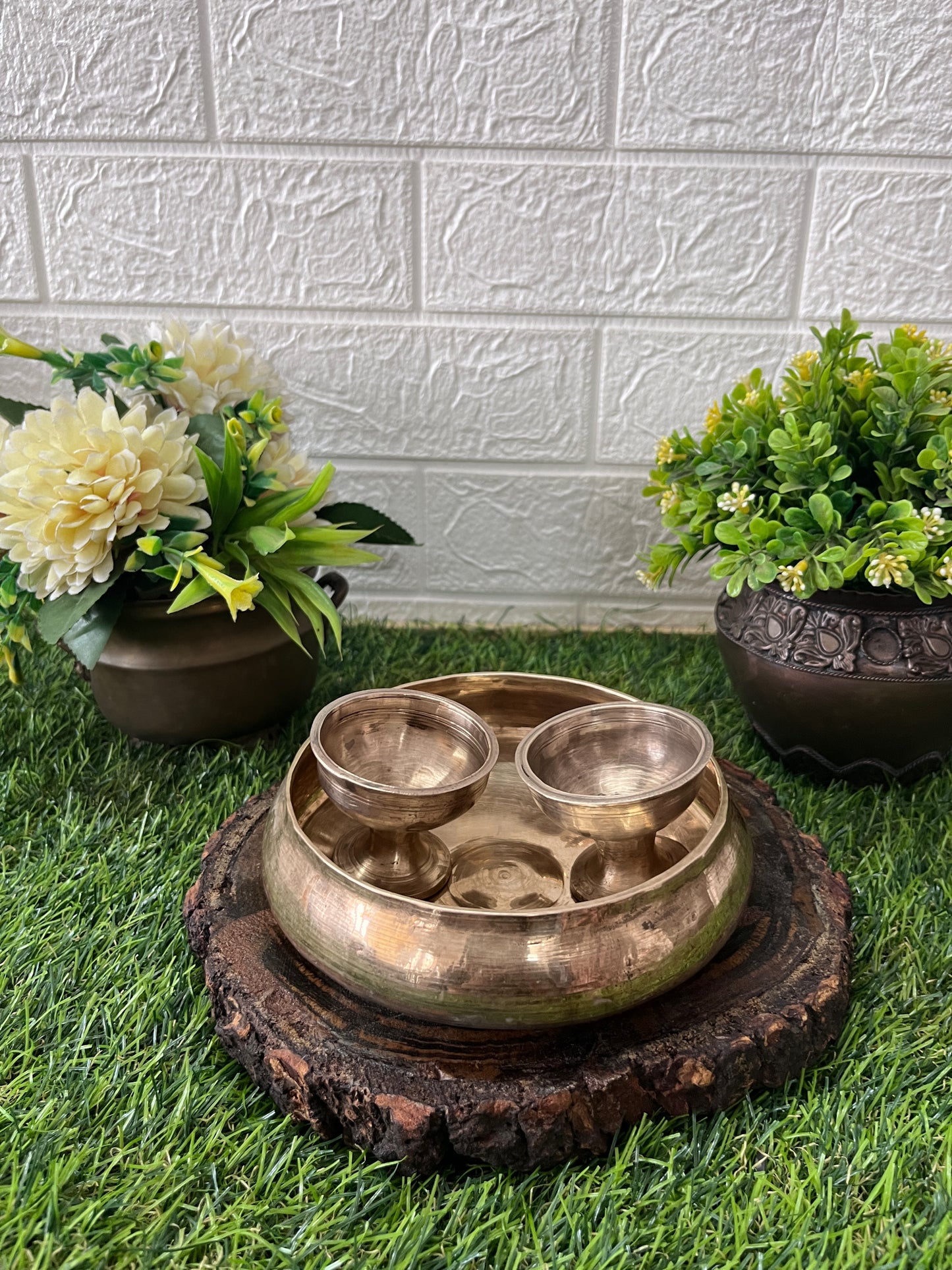 Bronze Urli With Diya Pair - Antique Kaansa Bowl With Oil Lamp