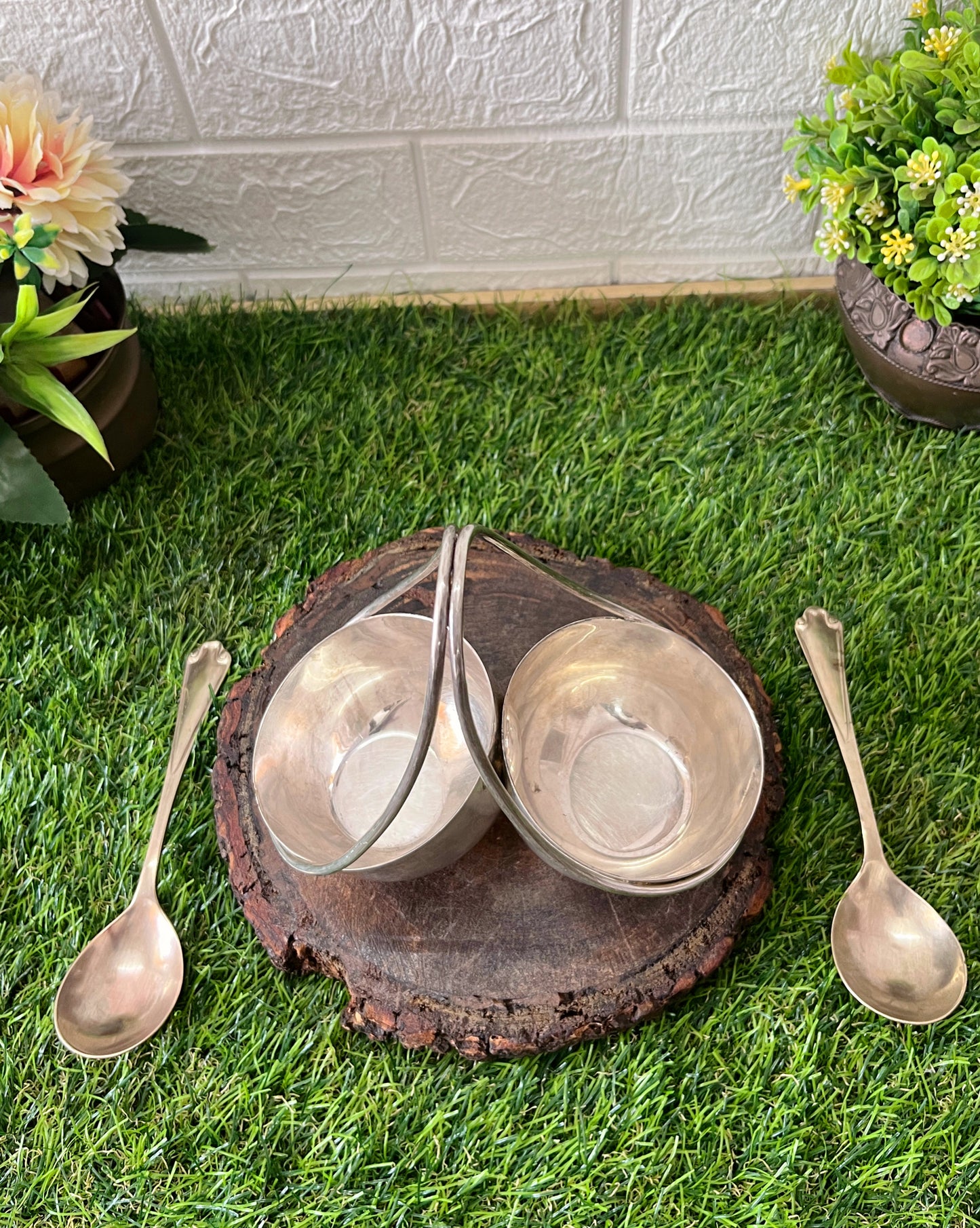 Brass Serving Bowl With Spoons - Antique Silver Coated Serving Items