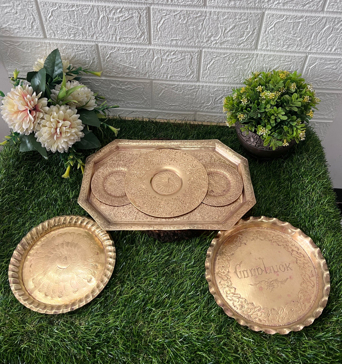 Brass Trays - Antique Engraved Serving Trays In Set