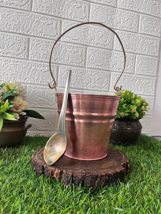 Cooper Bucket With Brass Spoon - Antique Serving Item