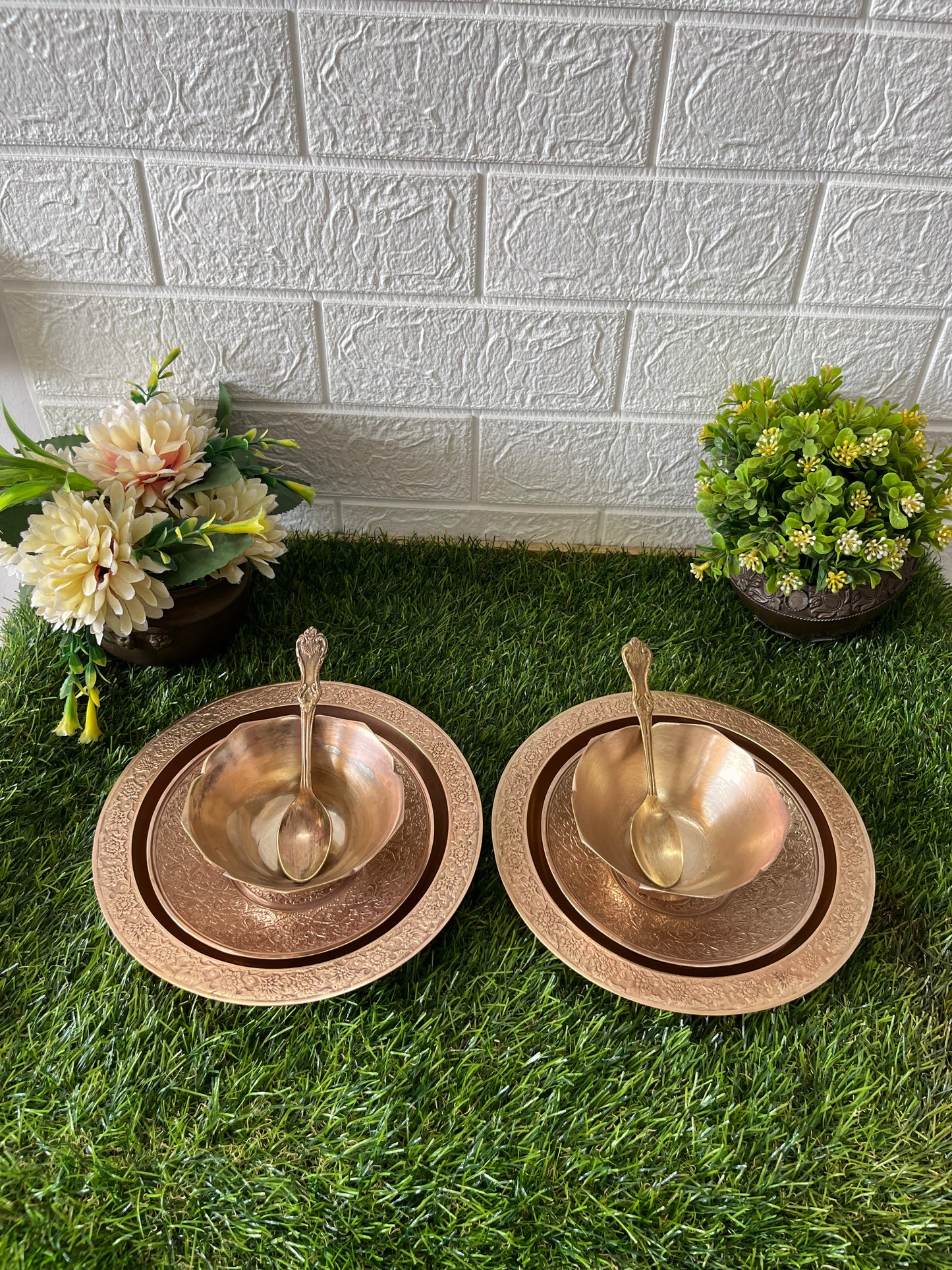 Antique Brass Engraved Plate And Bowls Set