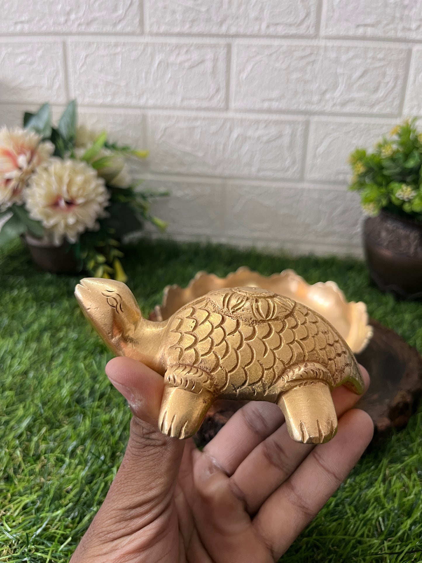 Brass Turtle With Bowl  - Antique Animal Figurine