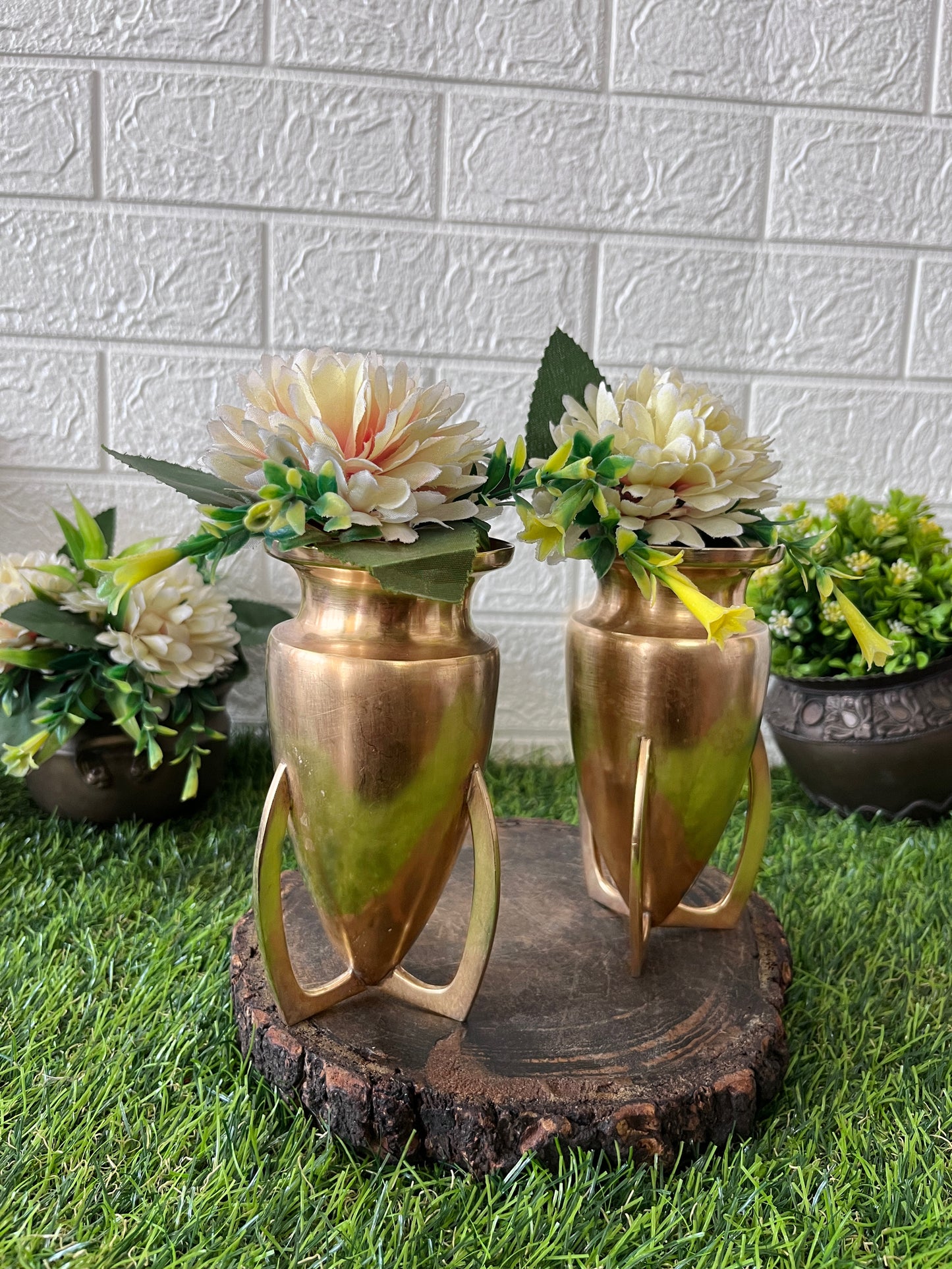 Brass Flower Vase In Pair - Antique Decor Item