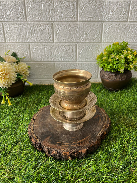 Brass Engraved Kalash with Engraved Stand for Decor - Antique lota