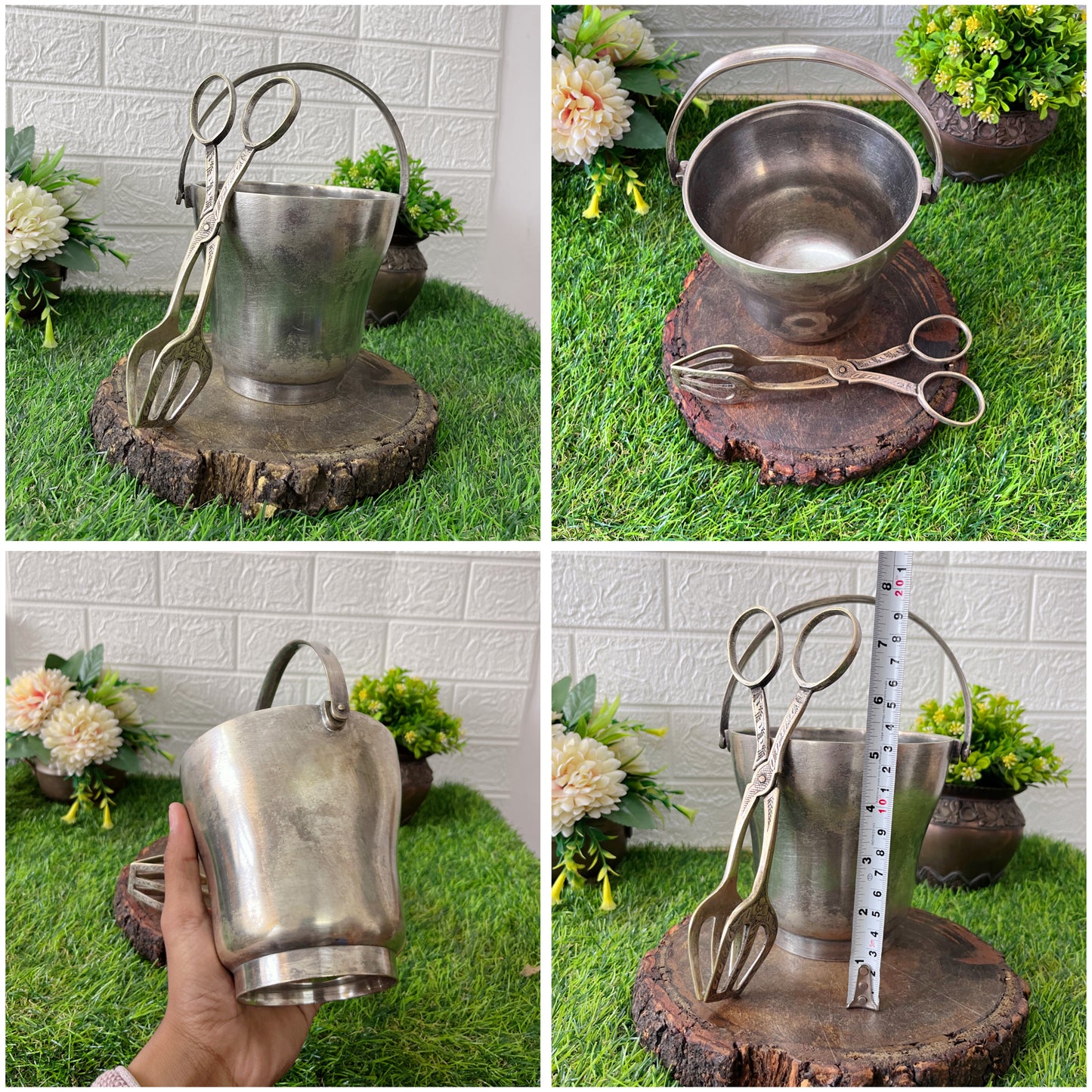 Brass Ice Bucket With Tong - Antique Silver Coated Ice Serving Set