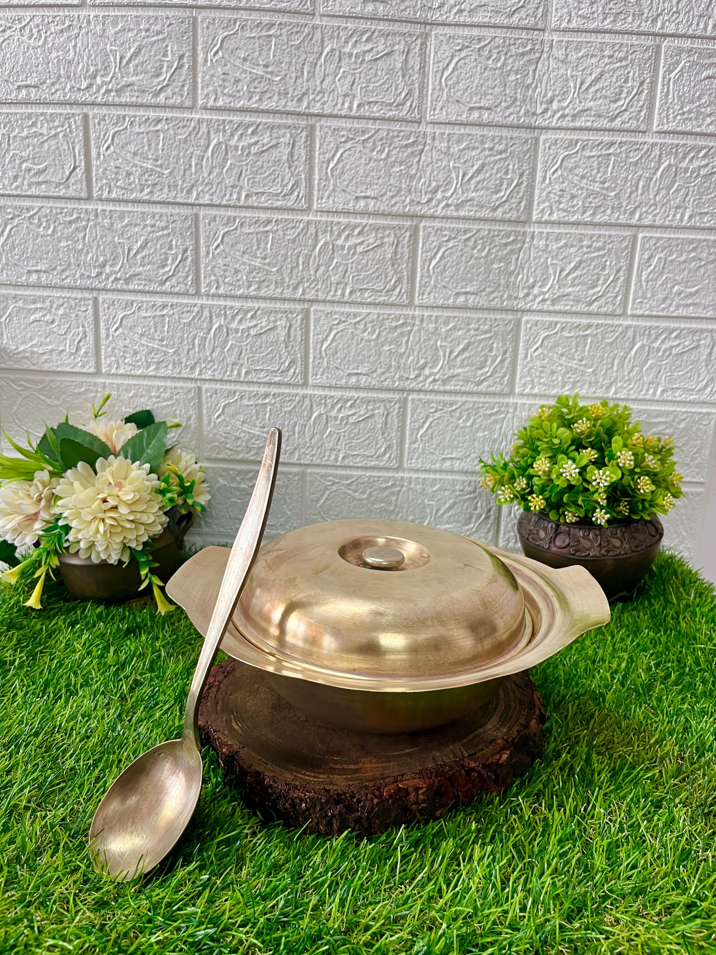 Antique Brass Serving Bowl With Spoon