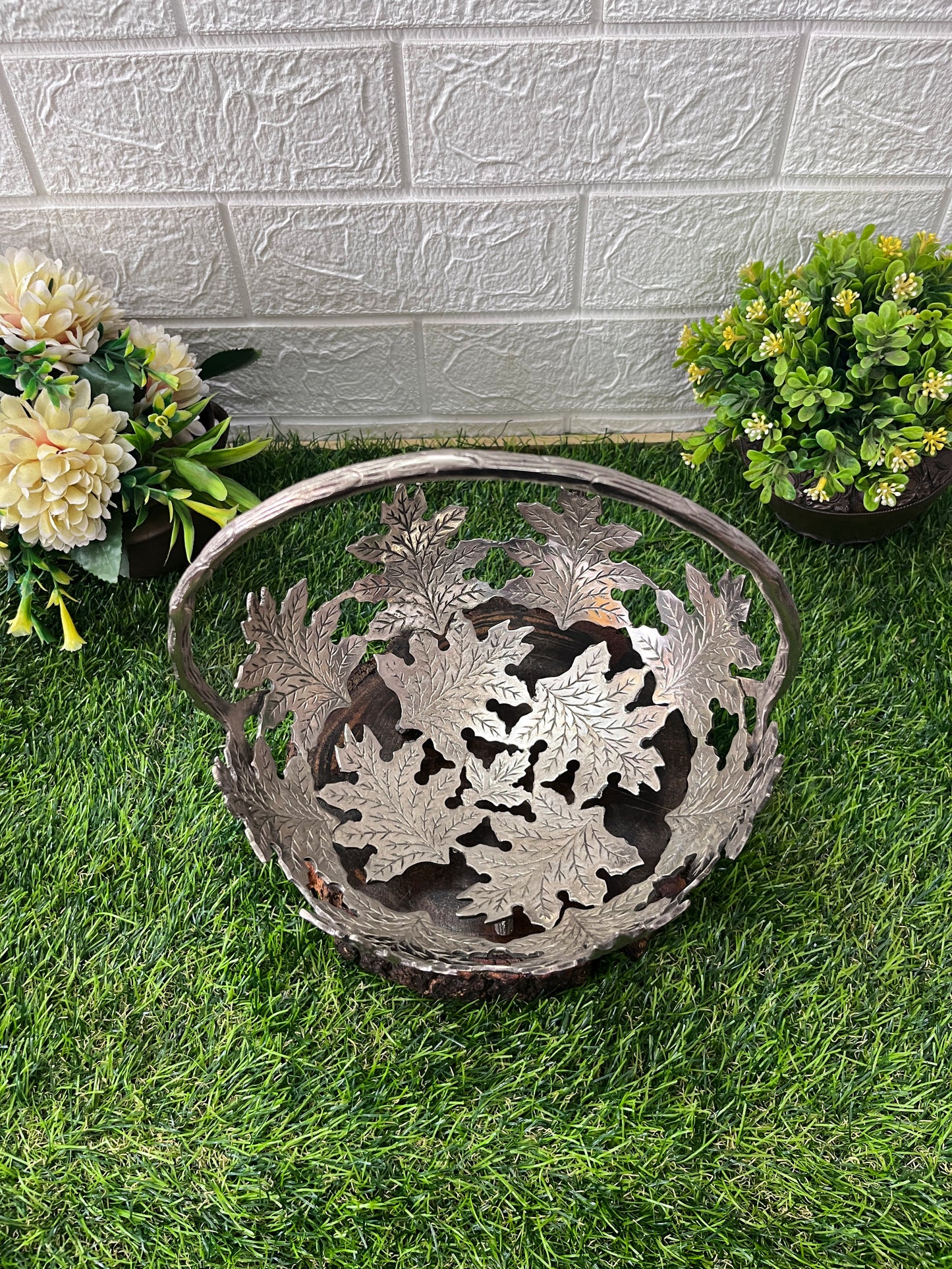 Brass Silver Coated Fruit Bowl - Antique Engraved Serving Item