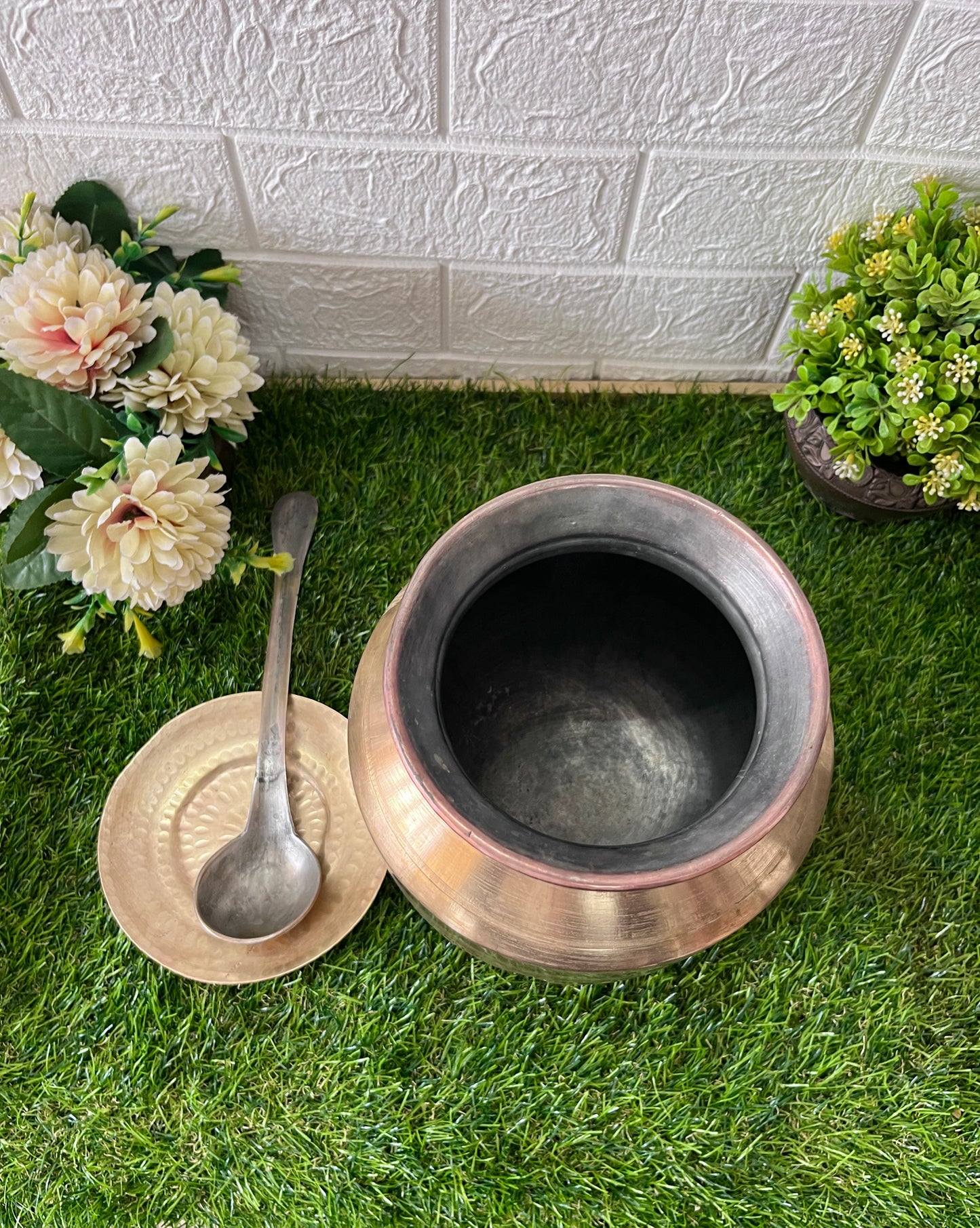 Brass Cooking Bowl with Ladle & Lid by Bombay Antiques - Antique Patila